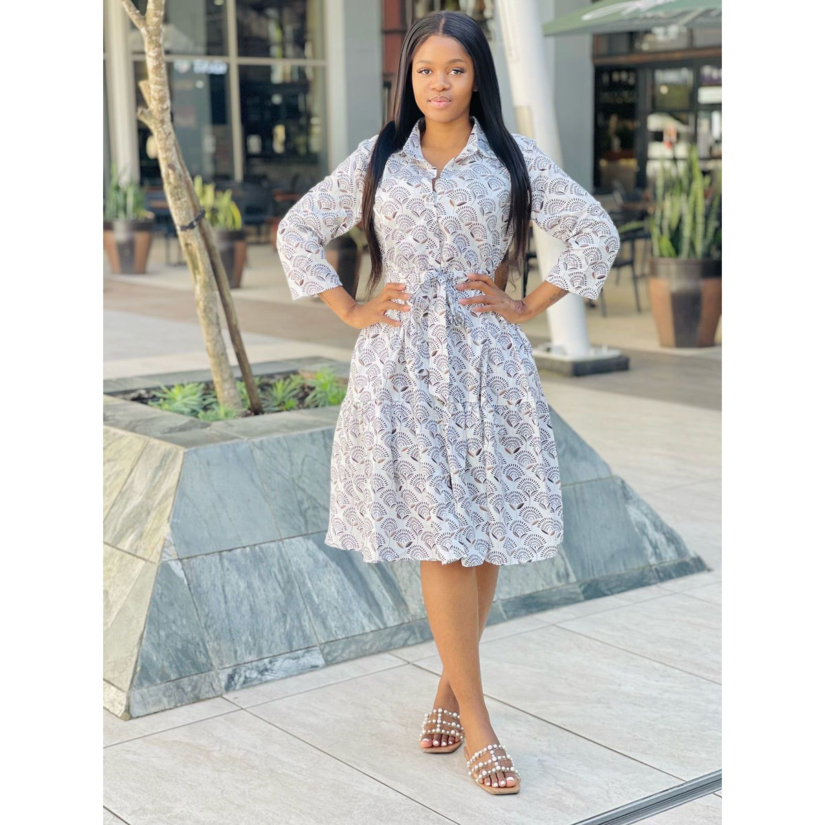 Slit Printed Short Sleeve Midi Dress main image 0