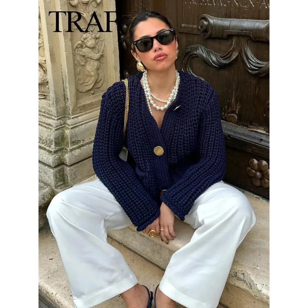 Knitted V-Neck Contrast Long Sleeve Cardigan