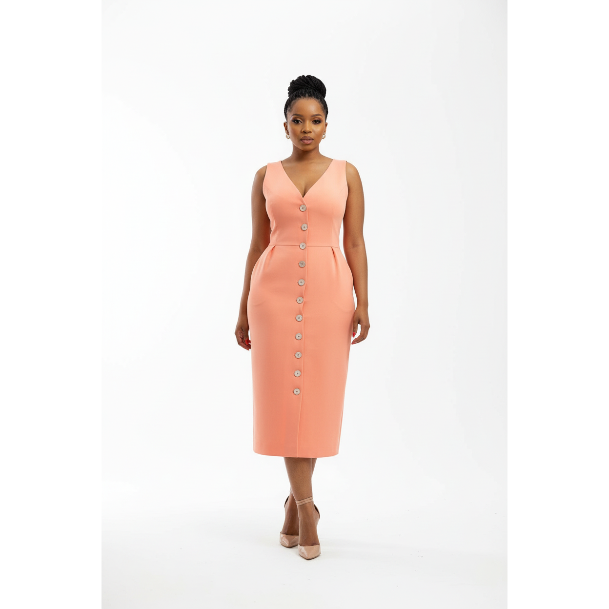 V-Neck Button Detailed Sleeveless Dress