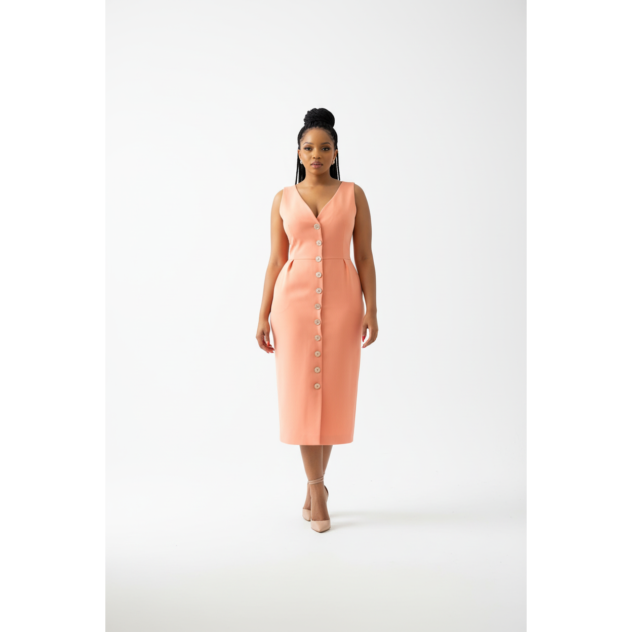 V-Neck Button Detailed Sleeveless Dress