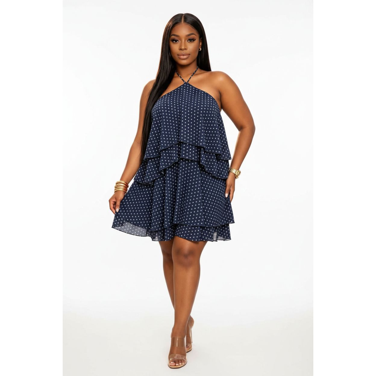 Polka Dot Halter Neck Tiered Ruffle Mini Dress