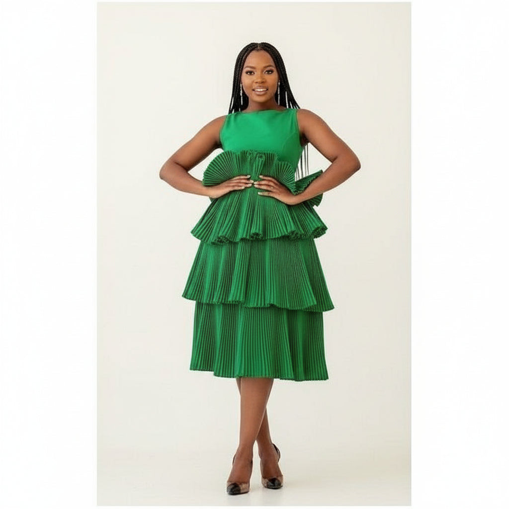 Pleated Sleeveless Midi Dress.