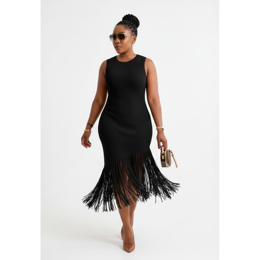 Knitted Tussle Midi Fringe Dress.