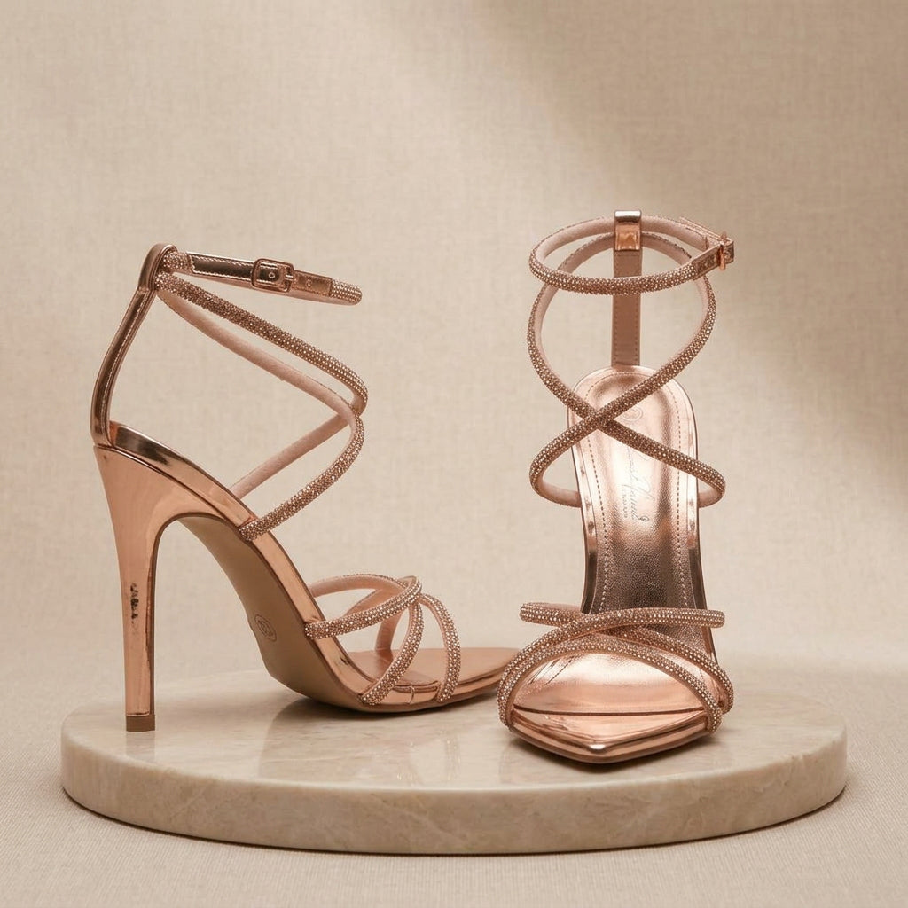 Rhinestone Strappy Stiletto Sandals with Pointed Toe