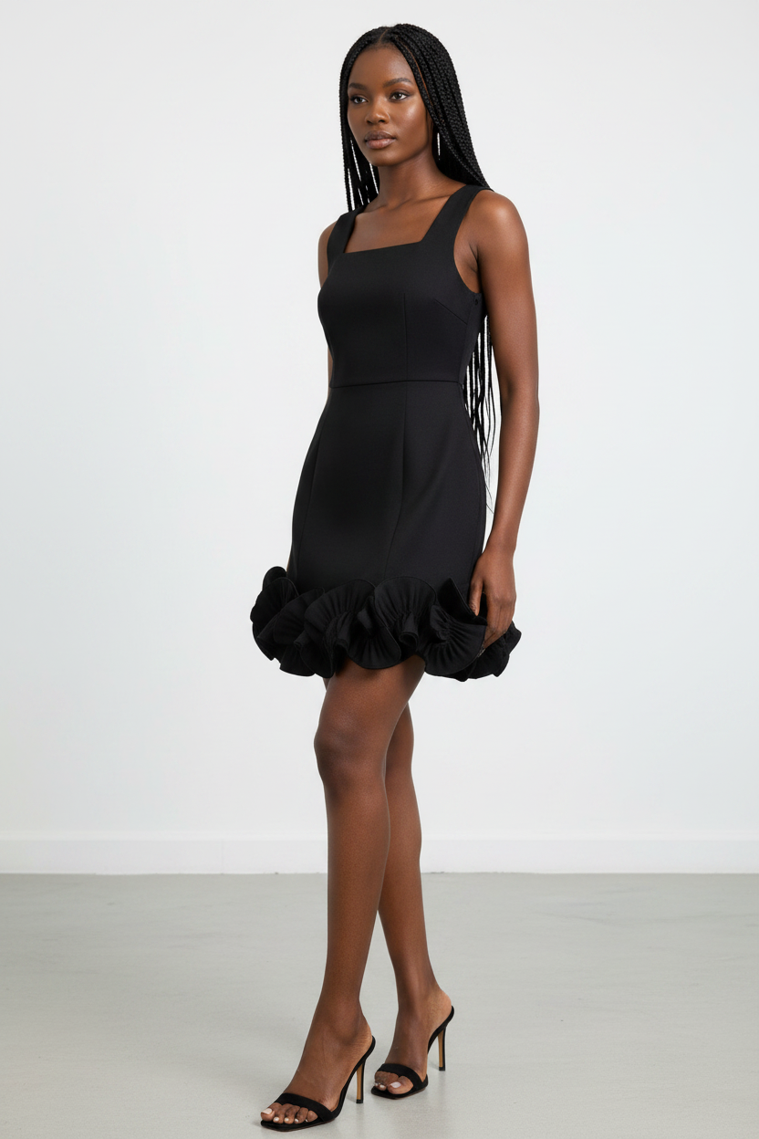 Square-Neck Sleeveless A-Line Mini Dress – 3D Floral Ruffle Hem