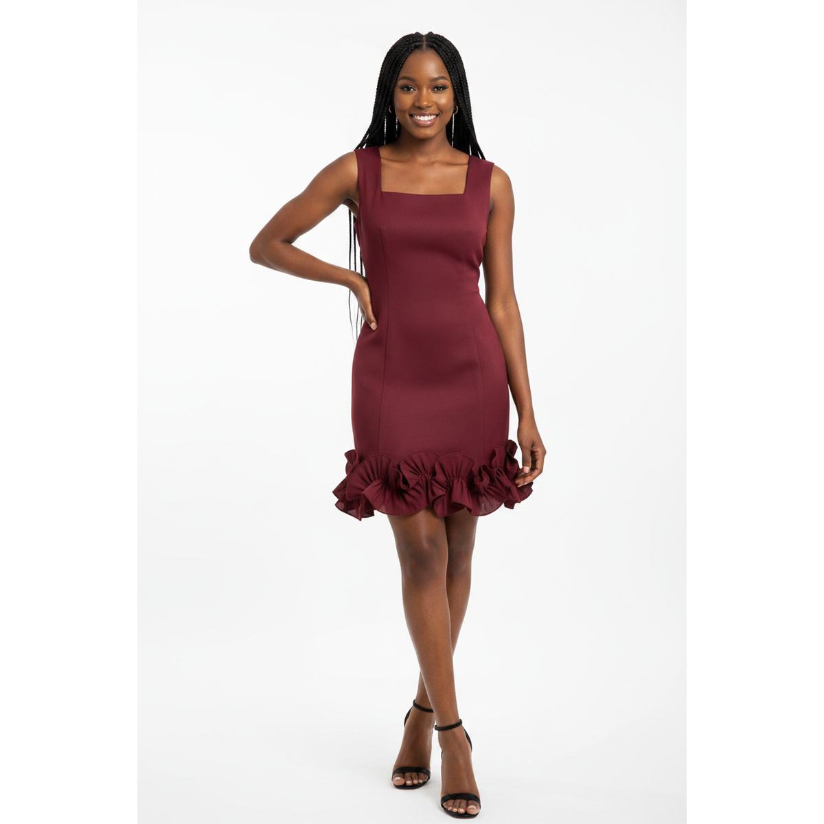 Square-Neck Sleeveless A-Line Mini Dress – 3D Floral Ruffle Hem