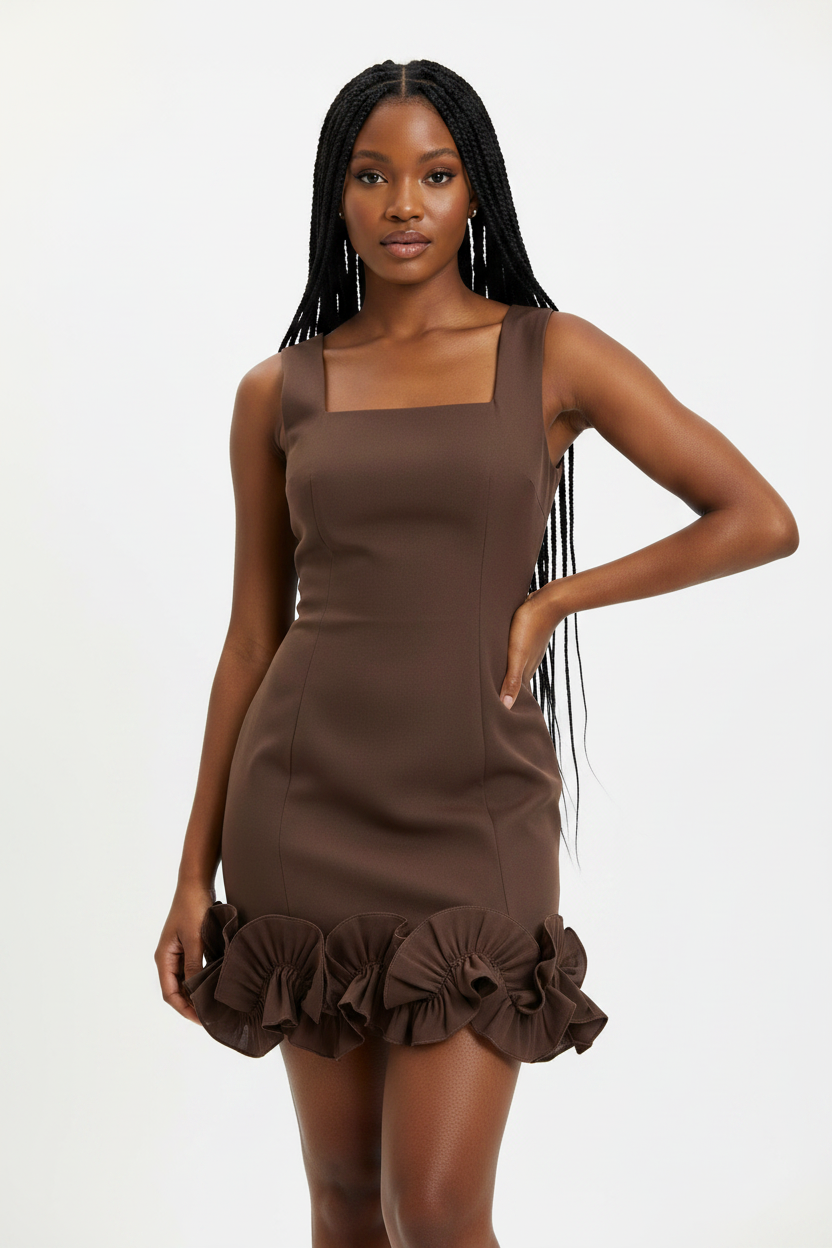 Square-Neck Sleeveless A-Line Mini Dress – 3D Floral Ruffle Hem