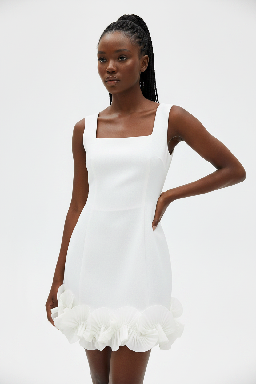 Square-Neck Sleeveless A-Line Mini Dress – 3D Floral Ruffle Hem