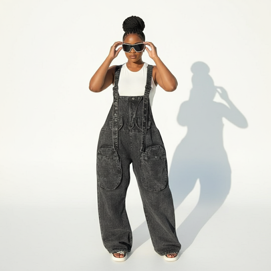 Big Pockets Loose Dungaree Denim Jumpsuit