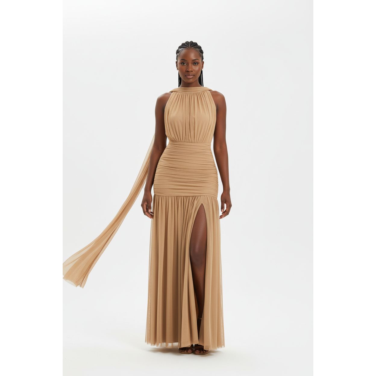 Sleeveless Halter Neck Backless Ruched Dress