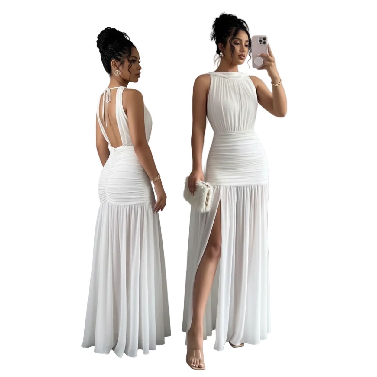 Sleeveless Halter Neck Backless Ruched Dress