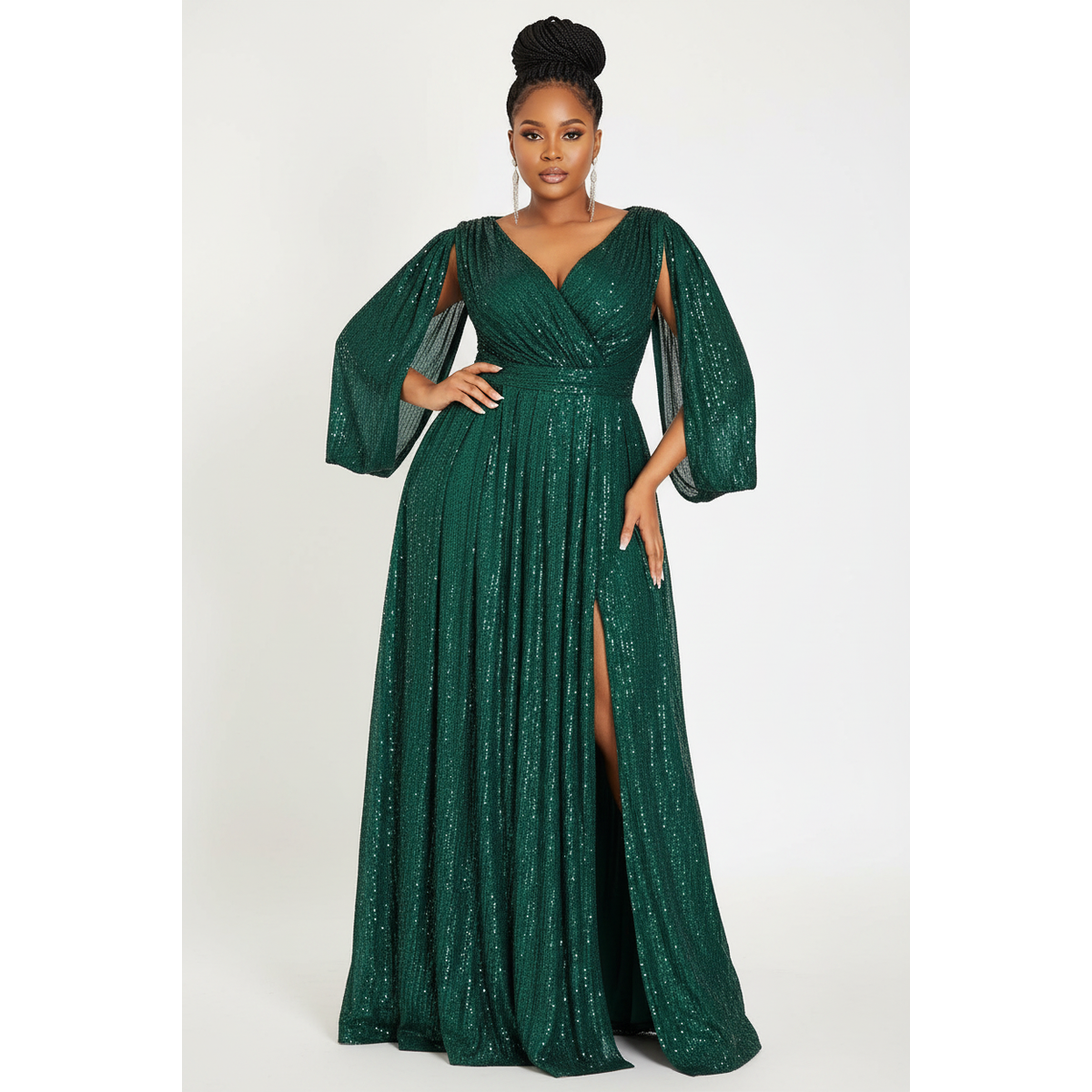 Sexy V-Neck Glitter Slit Dress