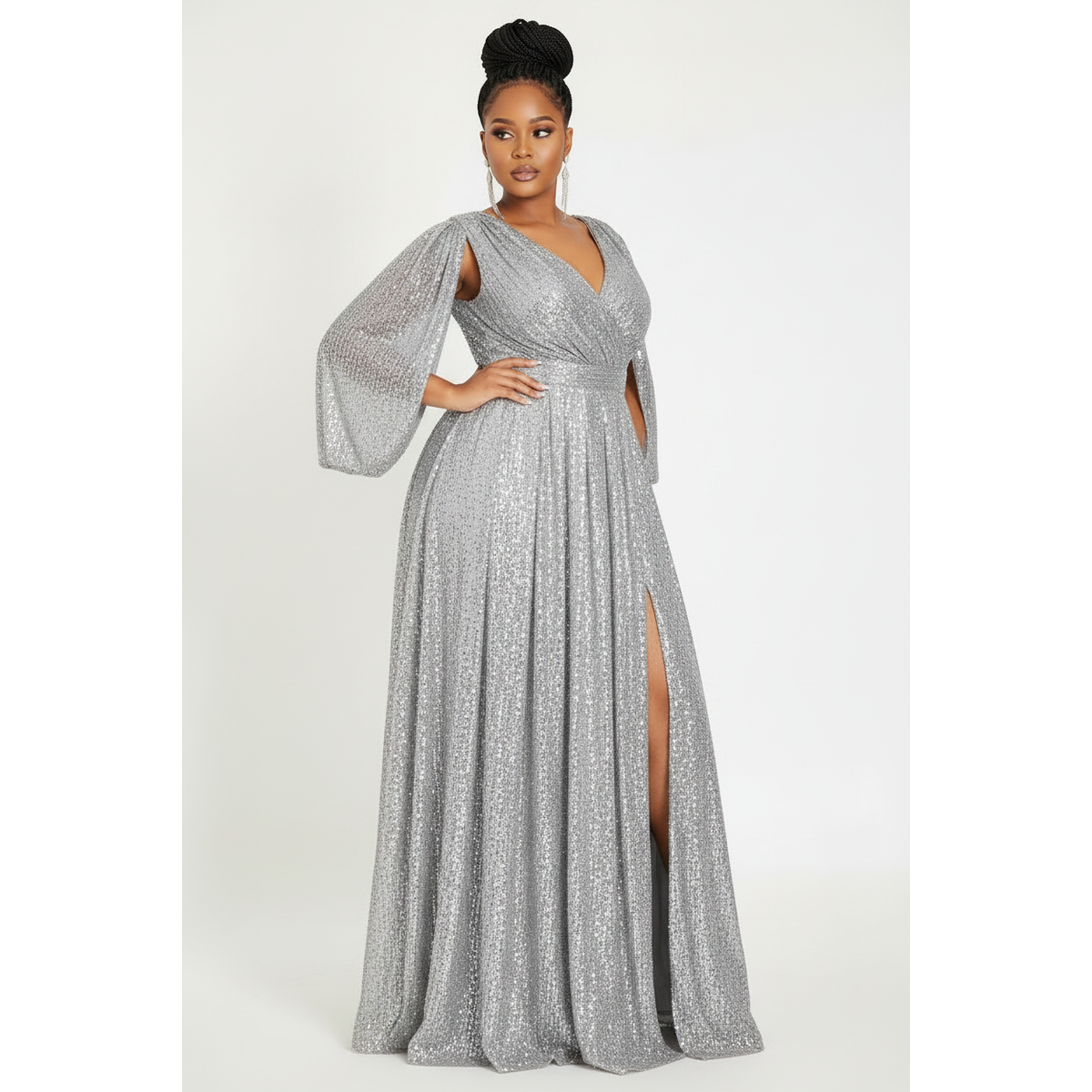 Sexy V-Neck Glitter Slit Dress
