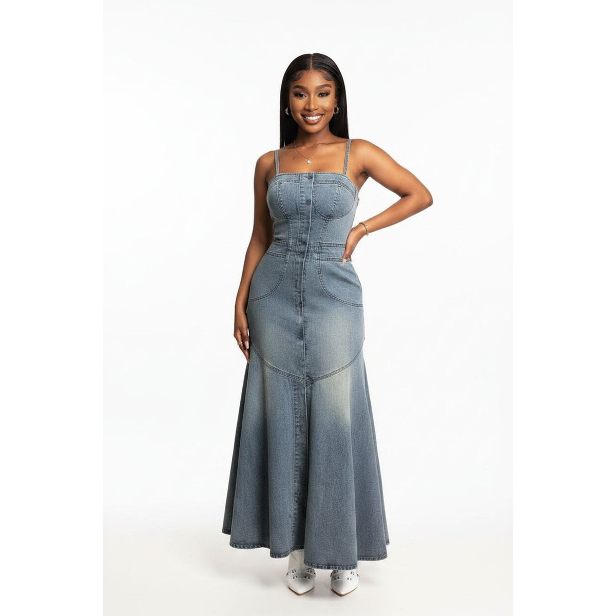 Women's Fitted Denim Maxi Dress – Spaghetti Strap Bustier with Front Button Split