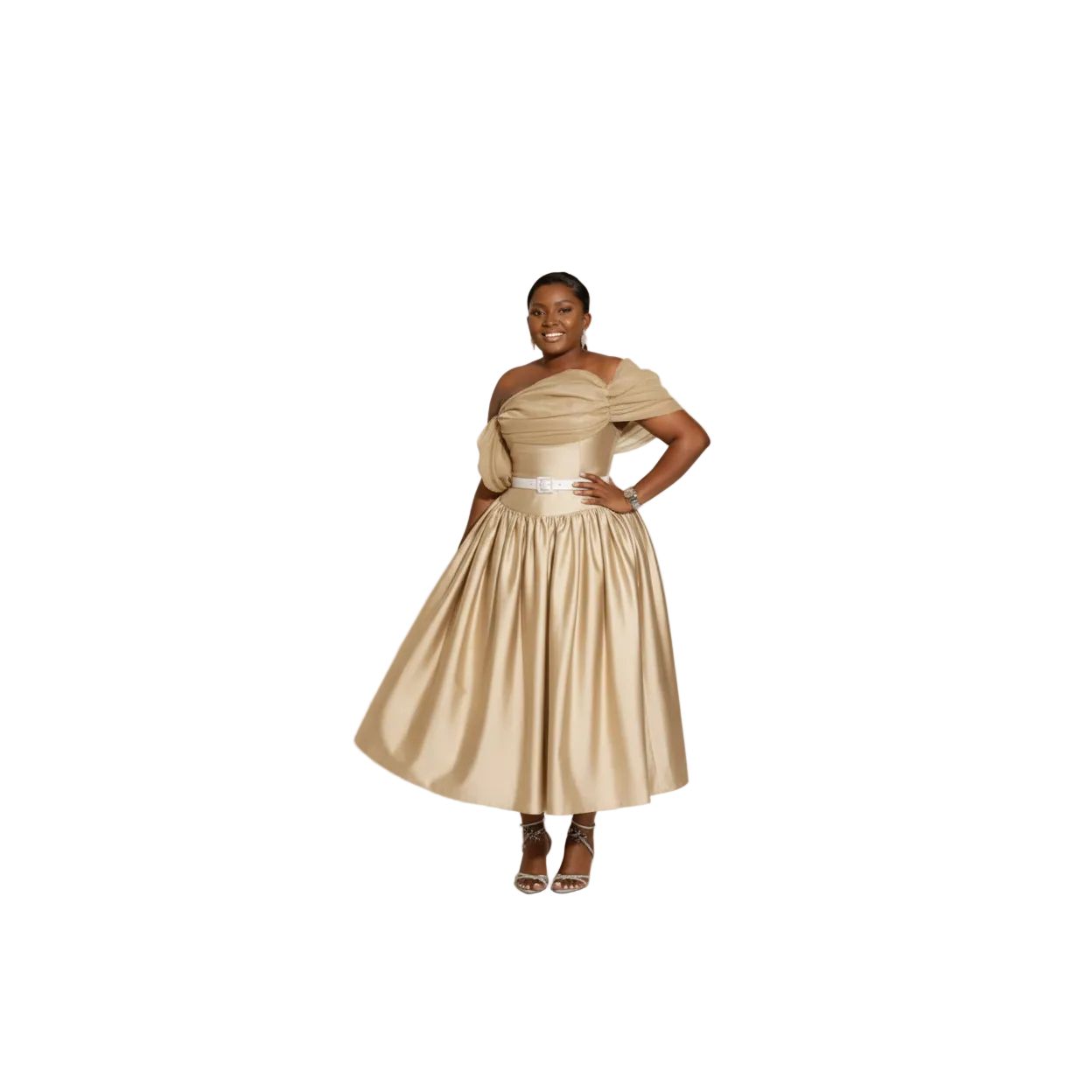 Plus Size Off-Shoulder Satin Ruffle Midi Dress