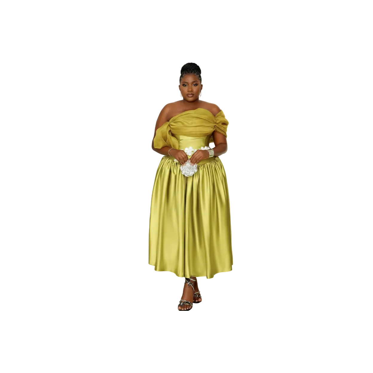 Plus Size Off-Shoulder Satin Ruffle Midi Dress