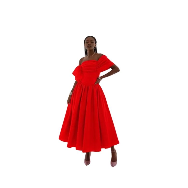 Plus Size Off-Shoulder Satin Ruffle Midi Dress