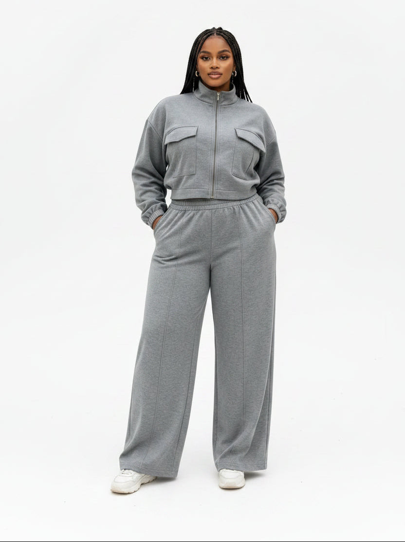 Two Piece Lounge Set with Zip-Up Crop Jacket