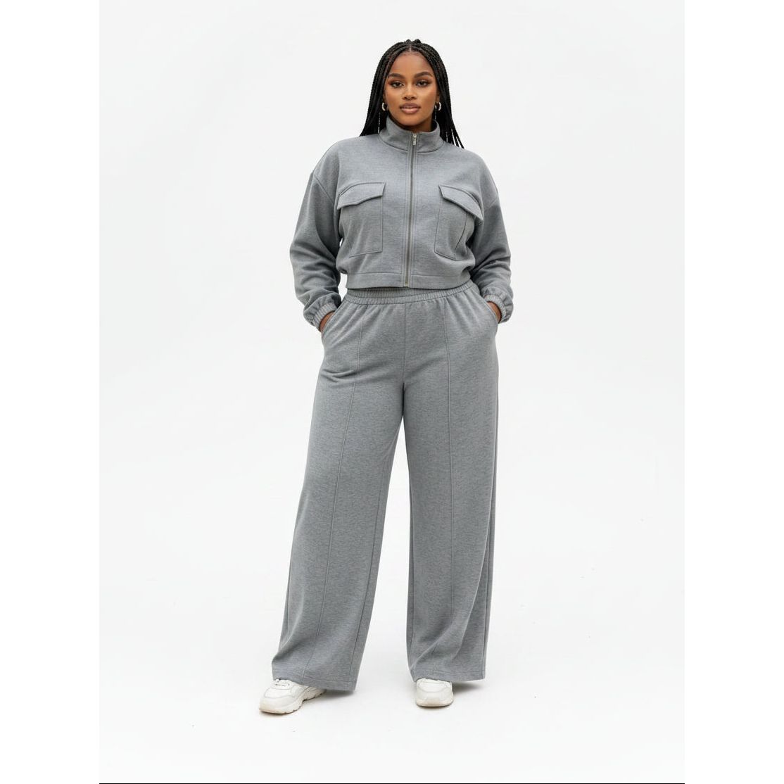 Two Piece Lounge Set with Zip-Up Crop Jacket