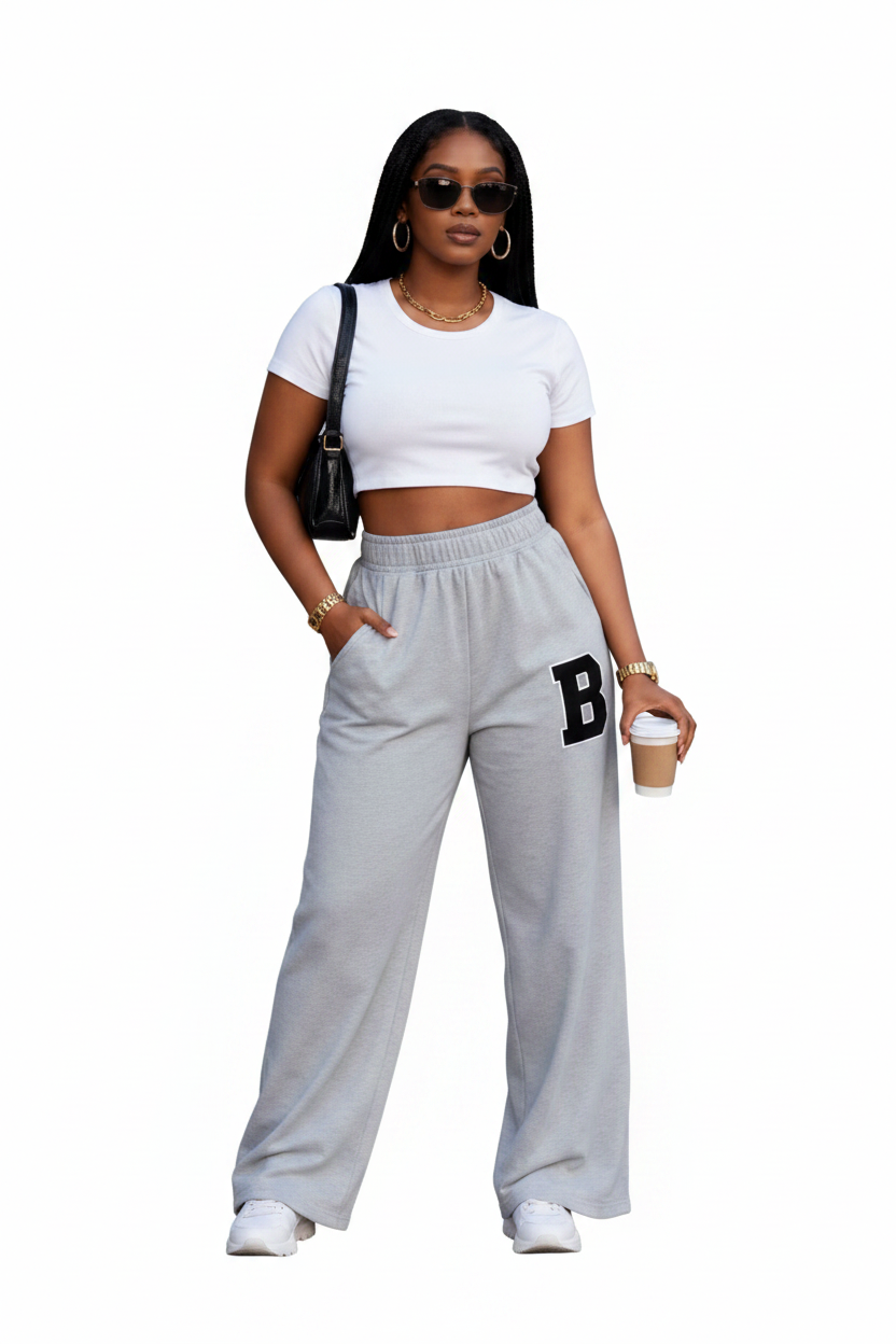 Women's High-Waisted Wide-Leg Track Pants with "B" Letter Patch.