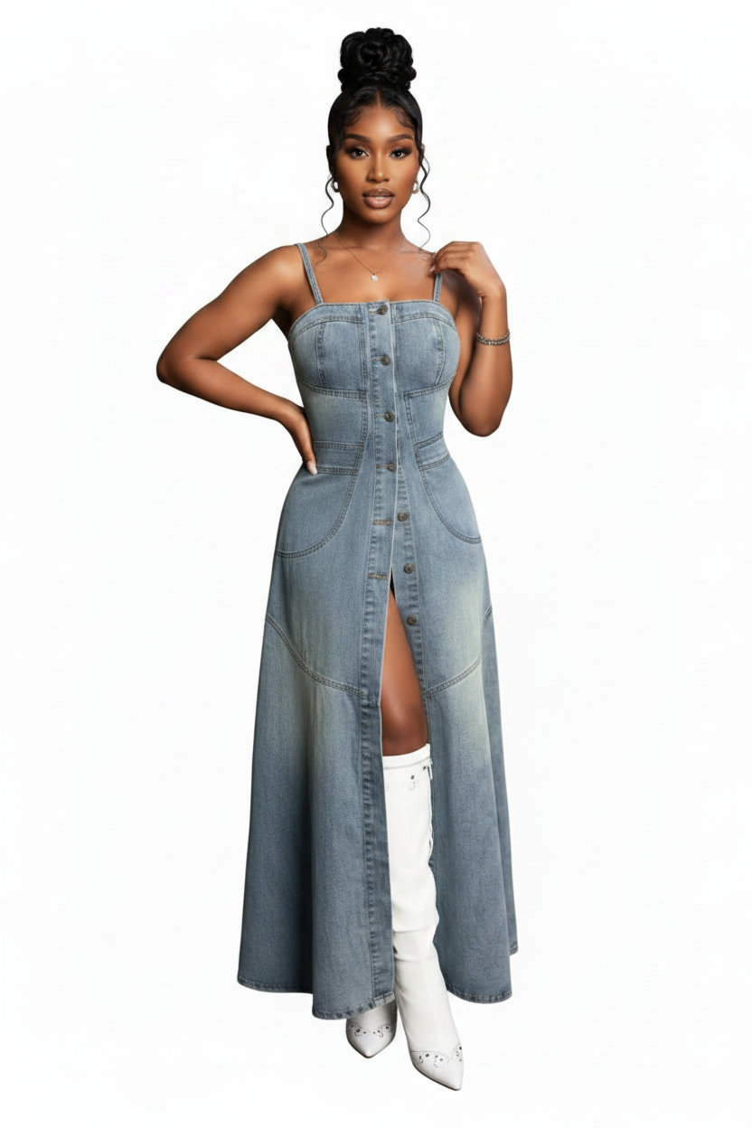 Women's Fitted Denim Maxi Dress – Spaghetti Strap Bustier with Front Button Split