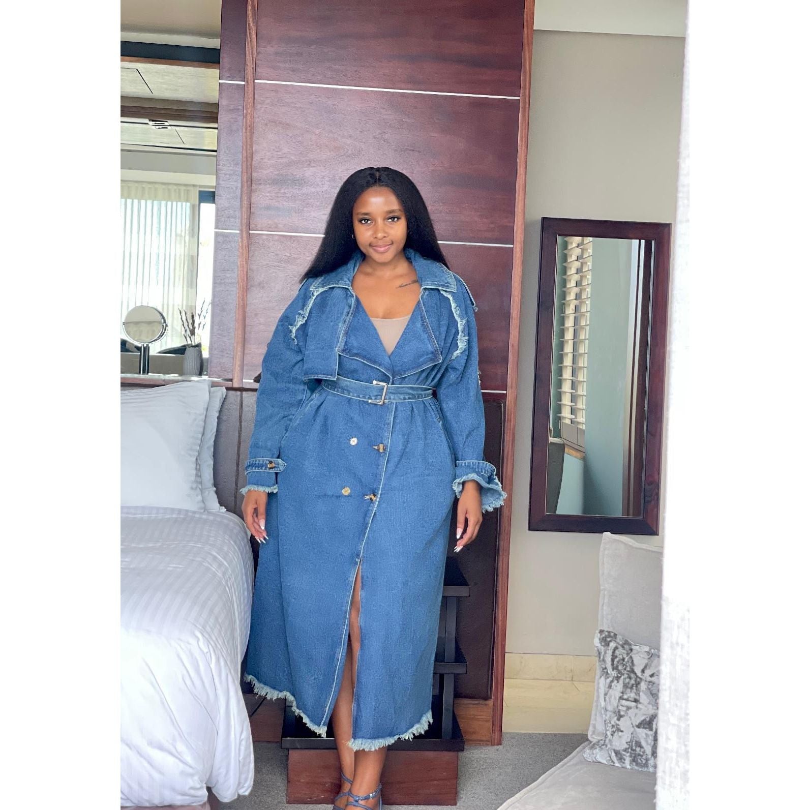 Long Sleeve Waist Belt Denim Trench Maxi Dress