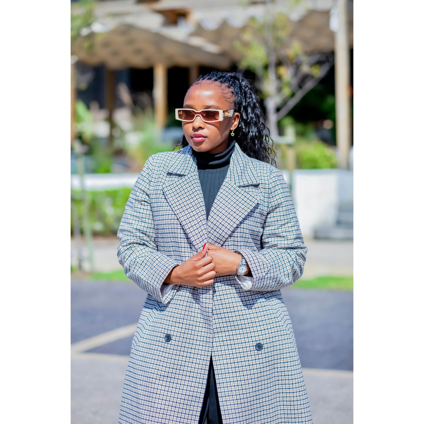 Street Plaid Solid Patchwork Buckle Turndown Collar Outerwear