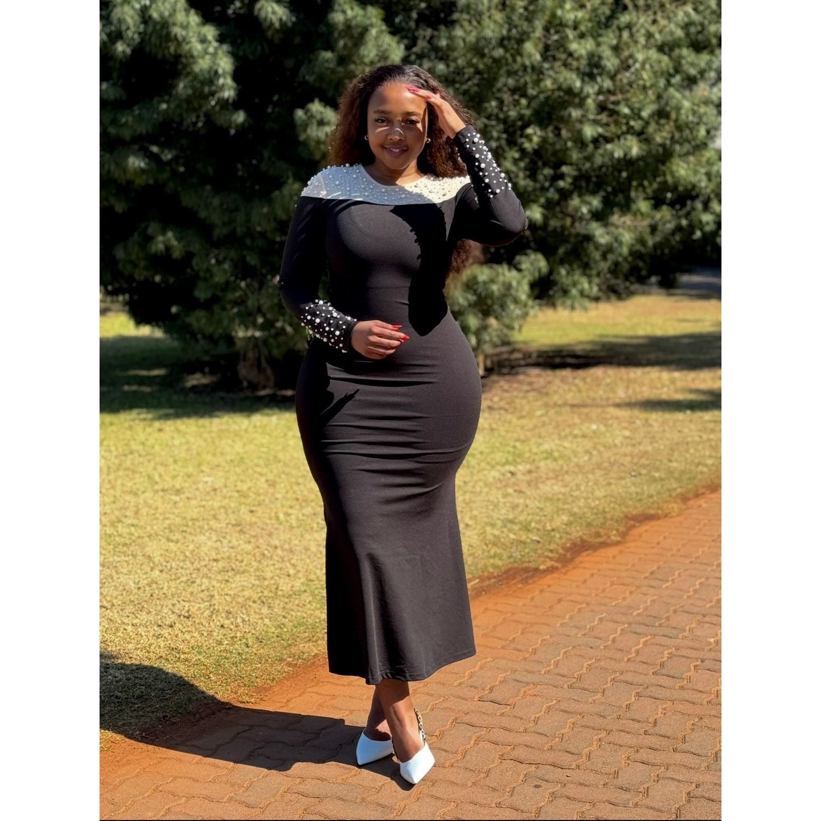 Plus Size Beads Padded Mesh Round Neck Long Bodycon Maxi Dress