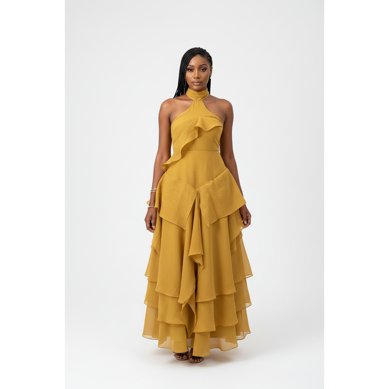 Halter Neck Cascading Ruffle A-Line Party Dress.