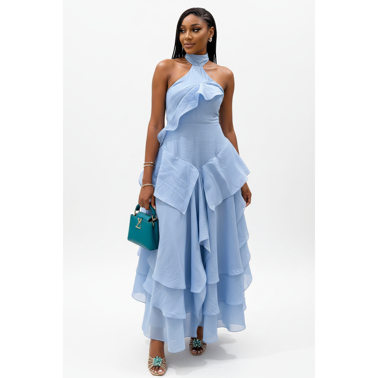 Halter Neck Cascading Ruffle A-Line Party Dress.