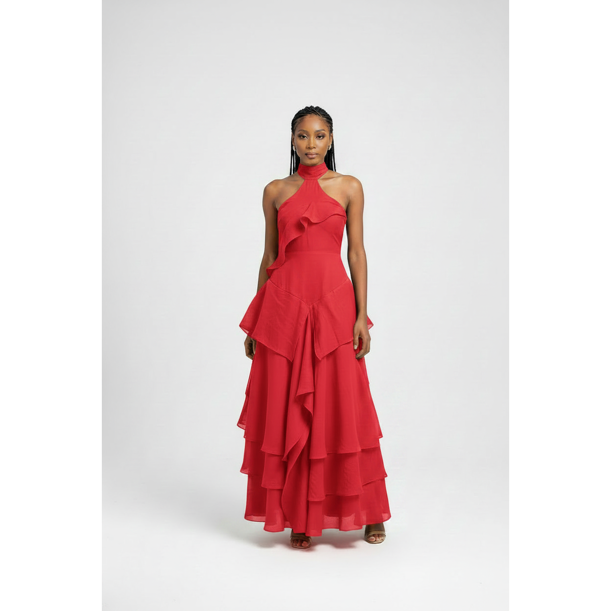 Halter Neck Cascading Ruffle A-Line Party Dress.