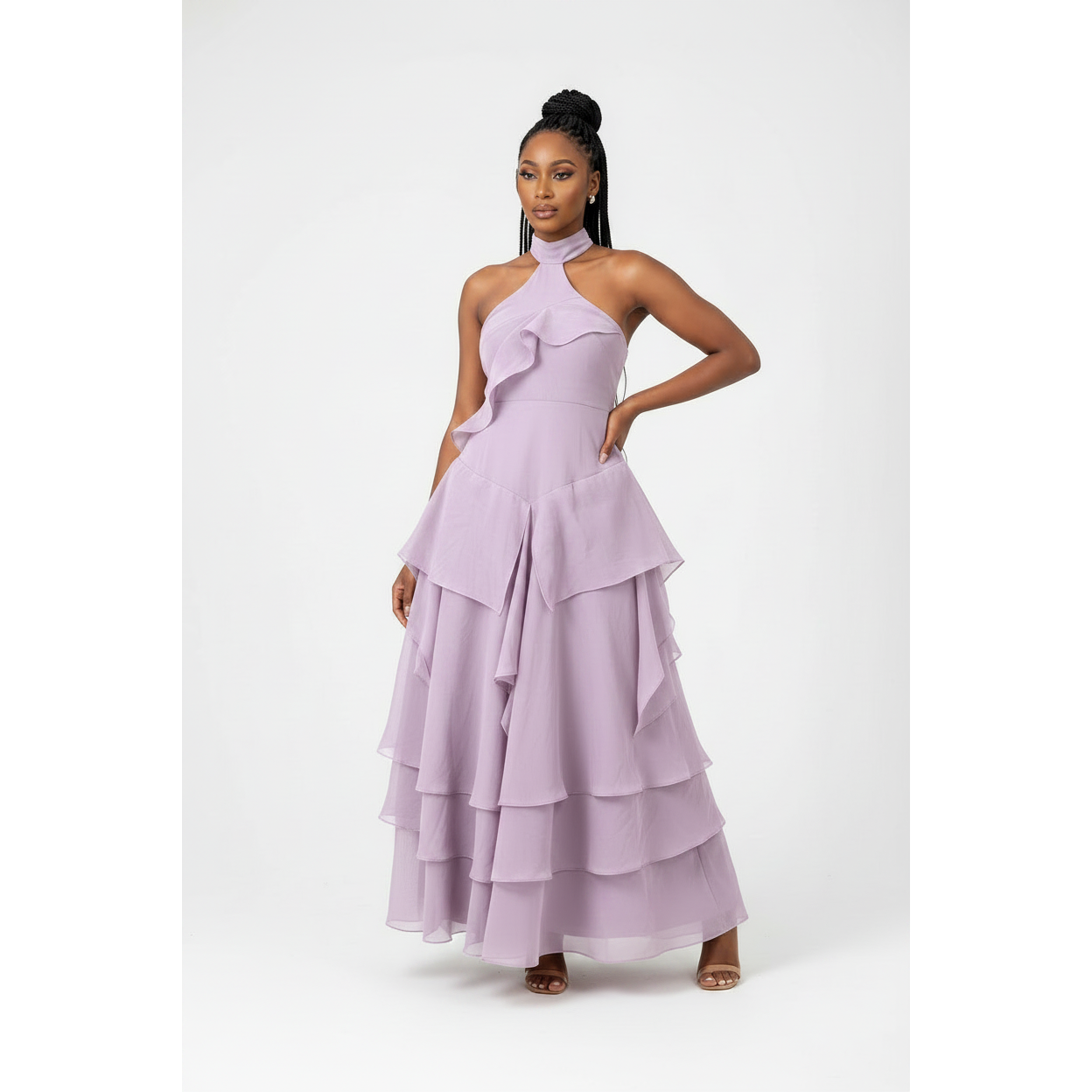 Halter Neck Cascading Ruffle A-Line Party Dress.