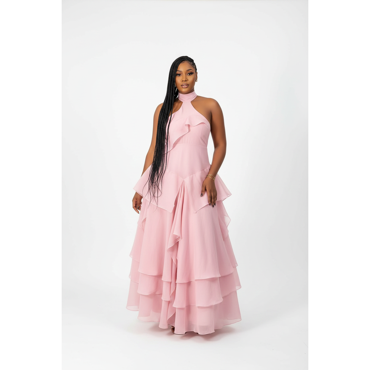 Halter Neck Cascading Ruffle A-Line Party Dress.