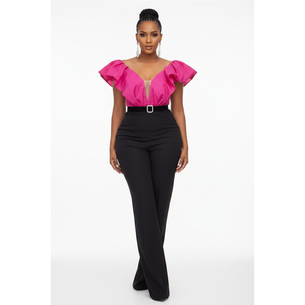 Open Neck Puff Shoulder Bodycon Jumpsuit