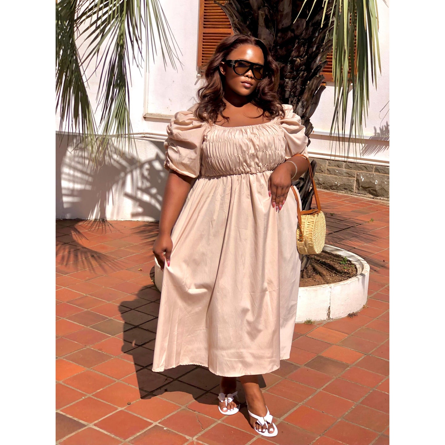 Elegant Puff Sleeve Retro Bandage Solid Design Dress.