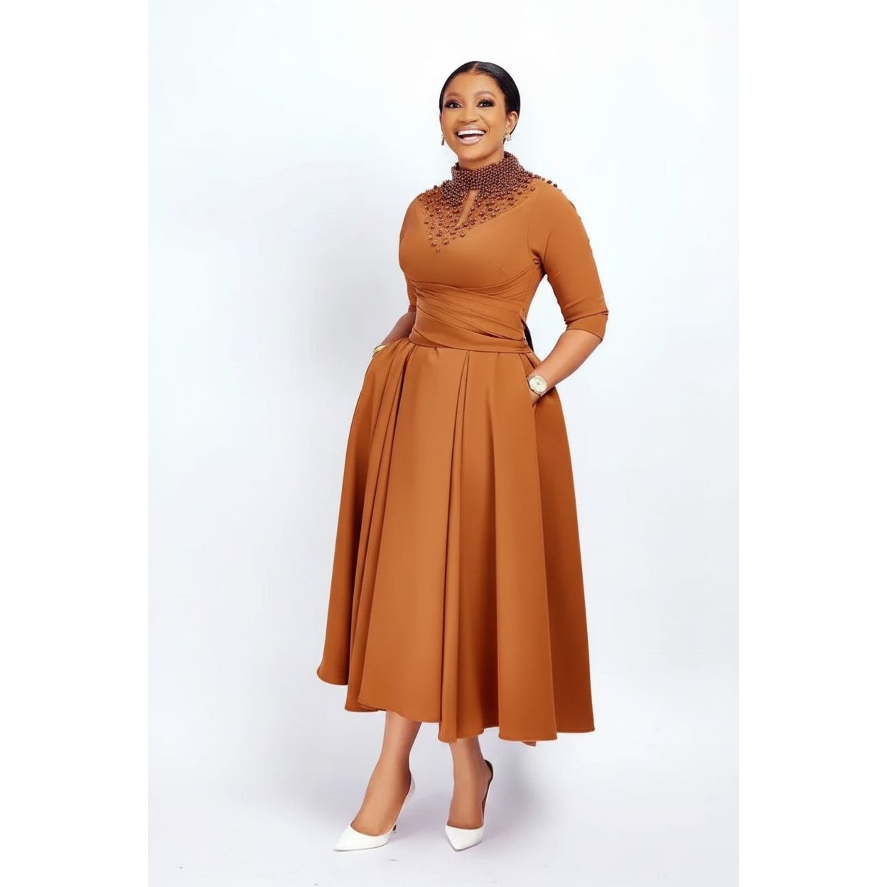 Women's Beaded Three-Quarter Sleeve Midi Dress