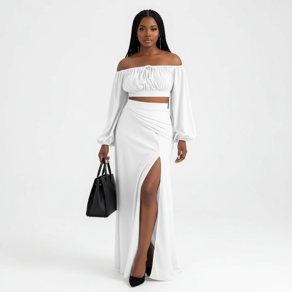 Off Tie Shoulder Crop Top and Skirt Set