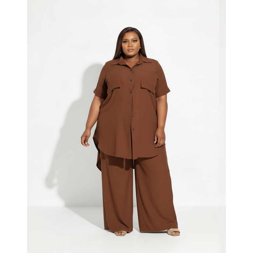 Plus Size Irregular Top & Wide Pants Set