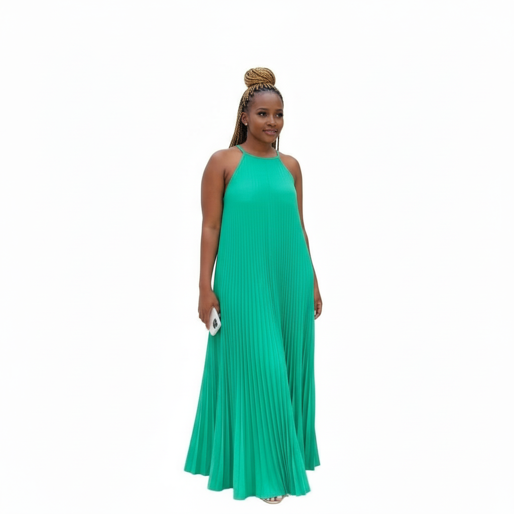 Pleated Short Sleeve Maxi Dress