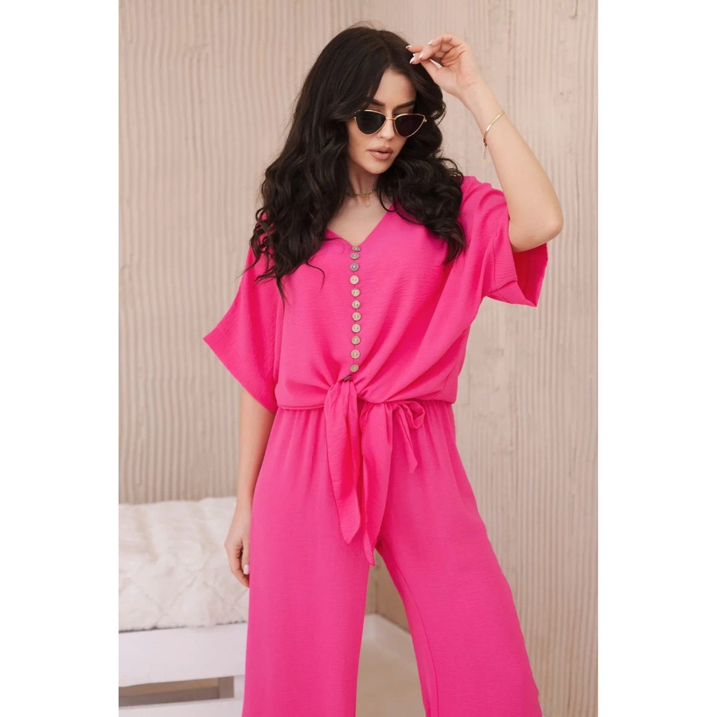 Button Front Shirt & Wide Leg Pants Set.