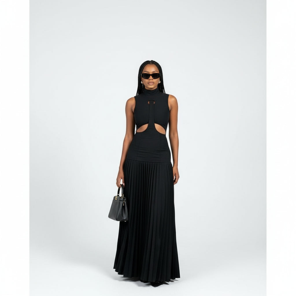 Sleeveless Pleated Flowy Maxi Elegant Cocktail Party Dress.