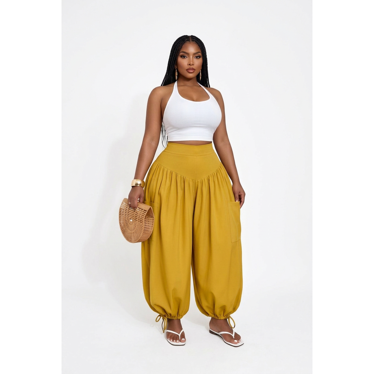 High-Waisted Balloon Trousers with Drawstring Cuffs