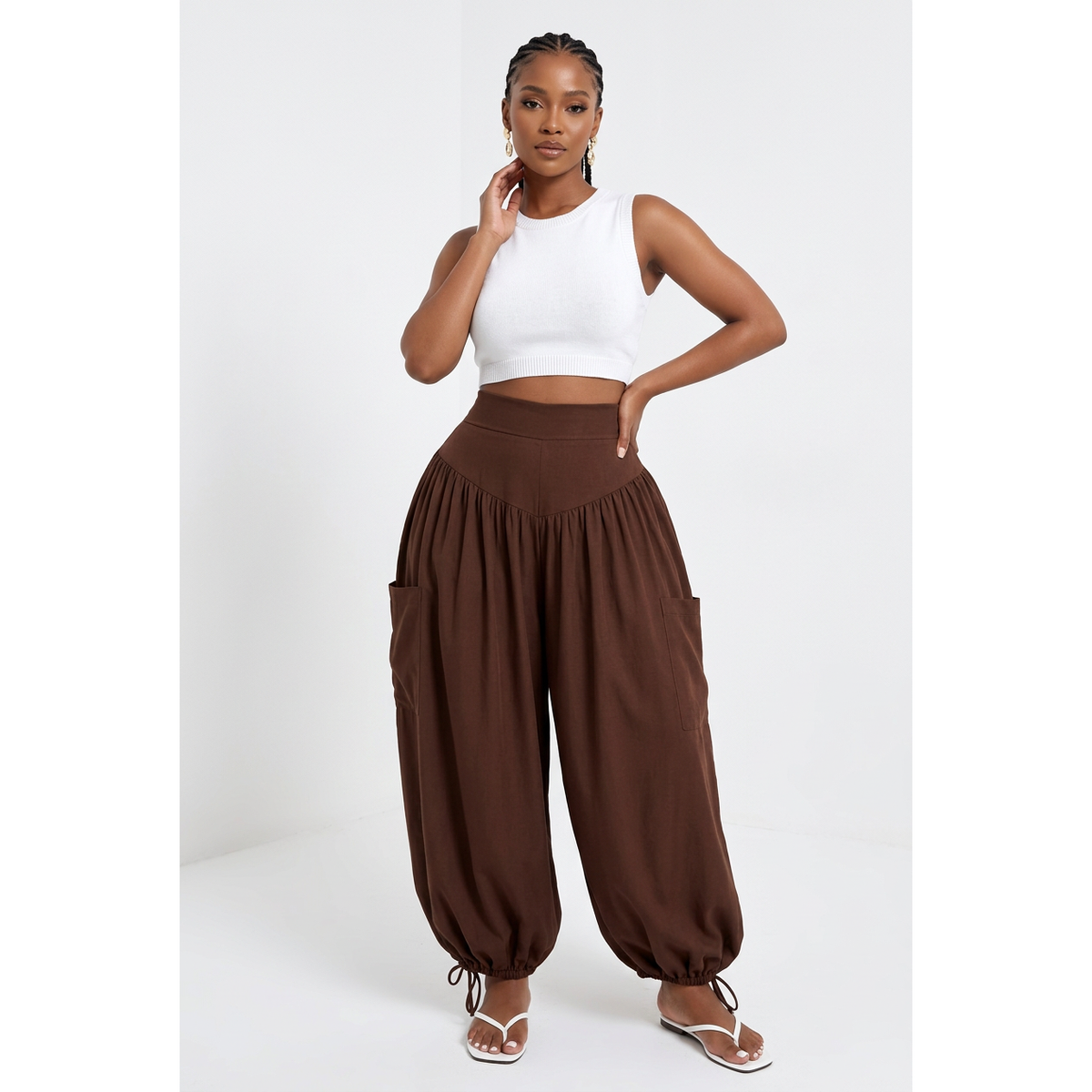 High-Waisted Balloon Trousers with Drawstring Cuffs