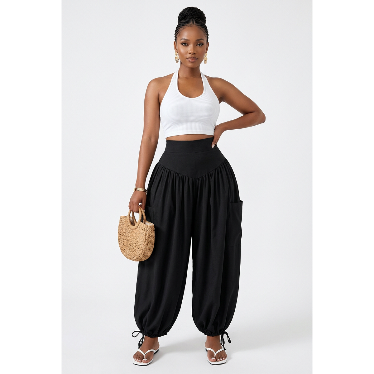 High-Waisted Balloon Trousers with Drawstring Cuffs