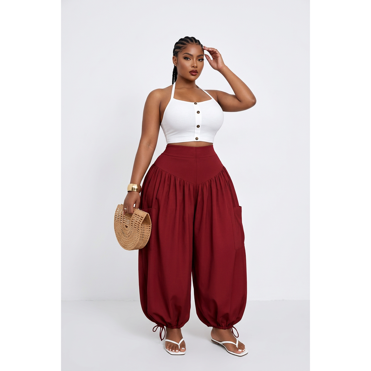 High-Waisted Balloon Trousers with Drawstring Cuffs