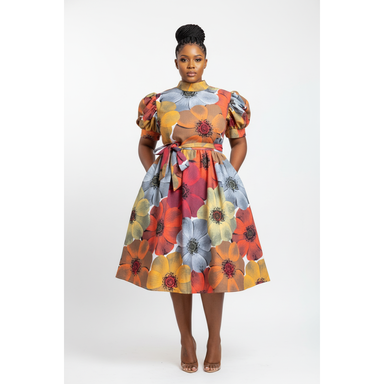 Short Sleeve High Waist Printed Dress