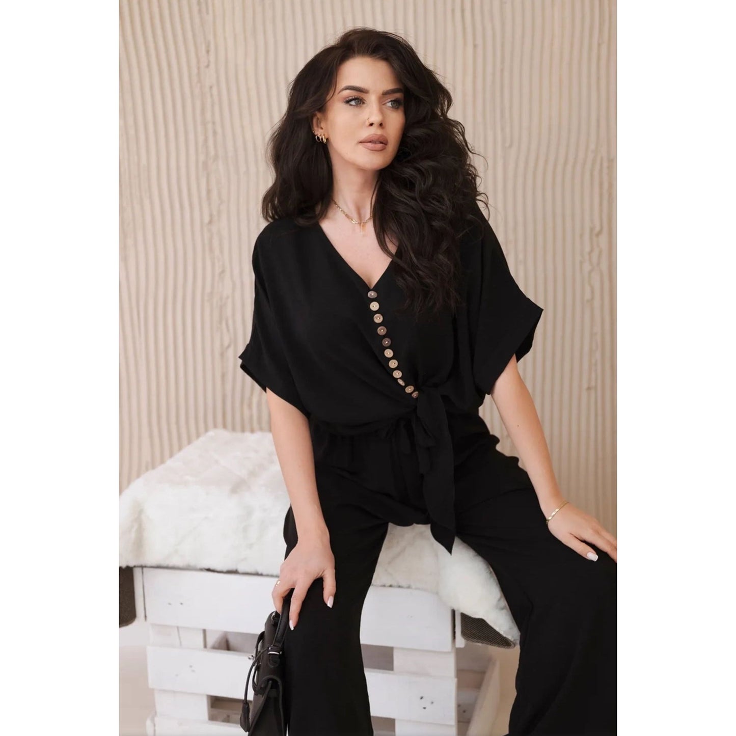 Button Front Shirt & Wide Leg Pants Set.