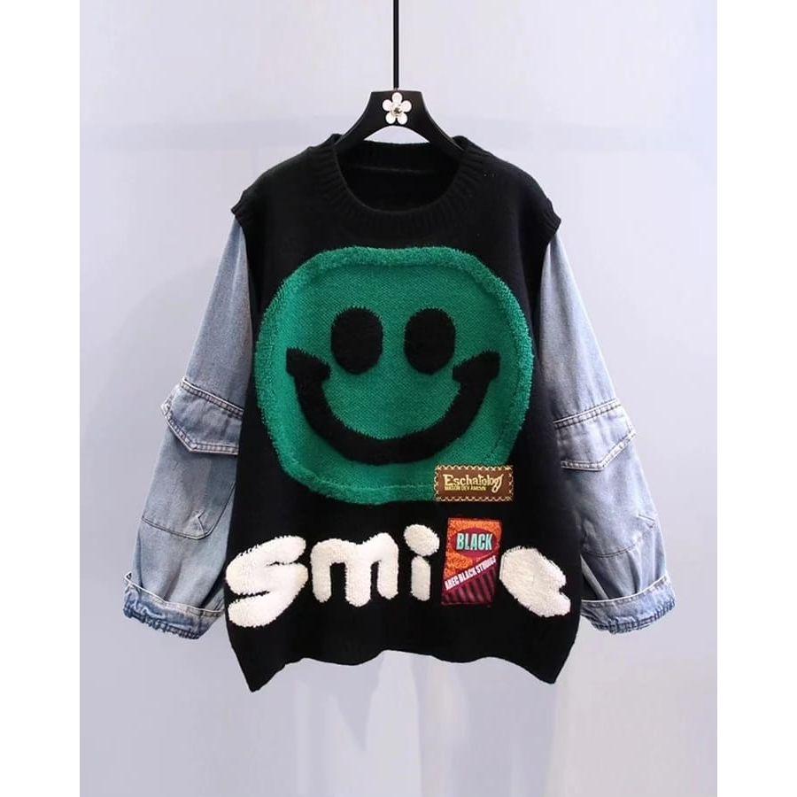 Smiling Face Denim Sleeve Jersey