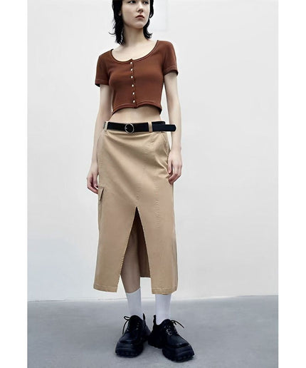 Side Pockets Slit Skirt