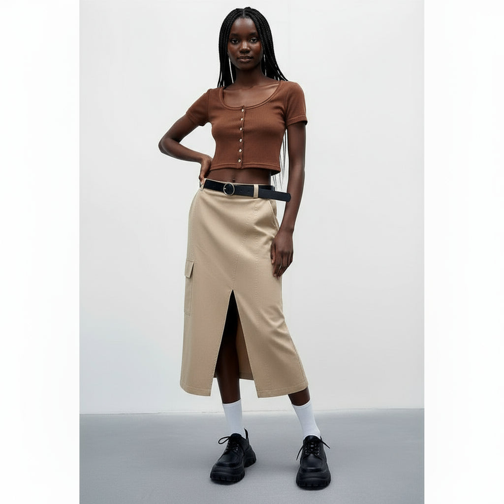Side Pockets Slit Skirt